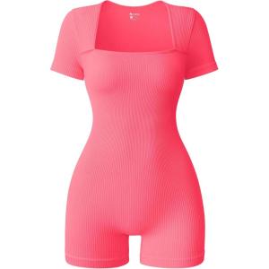 imageOQQ Women Short Sleeve Rompers Yoga Stretch Square Neck Exercise RompersFluorescent Pink a