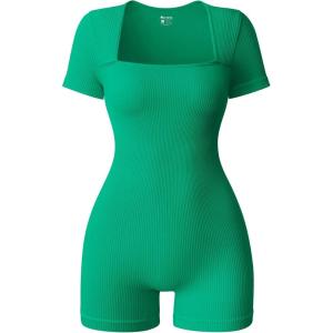 imageOQQ Women Short Sleeve Rompers Yoga Stretch Square Neck Exercise RompersGreen