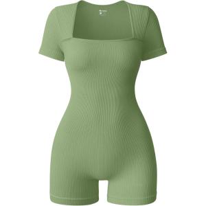imageOQQ Women Short Sleeve Rompers Yoga Stretch Square Neck Exercise RompersPea Green