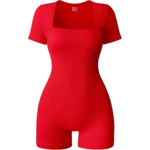 imageOQQ Women Short Sleeve Rompers Yoga Stretch Square Neck Exercise RompersRed
