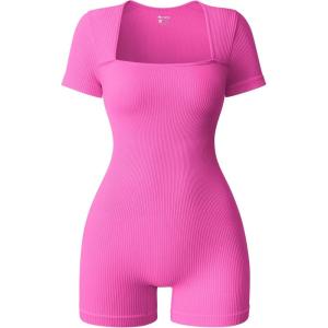 imageOQQ Women Short Sleeve Rompers Yoga Stretch Square Neck Exercise RompersRose