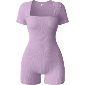 imageOQQ Women Short Sleeve Rompers Yoga Stretch Square Neck Exercise RompersTaro Purple