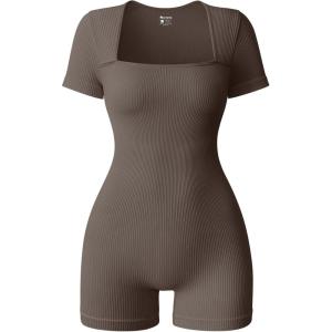 imageOQQ Women Short Sleeve Rompers Yoga Stretch Square Neck Exercise RompersTea Leaf