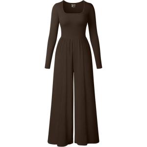 imageOQQ Women Wide Leg Pants Jumpsuits One Piece Long Sleeve Square Neck JumpsuitsDarkbrown