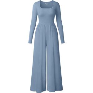 imageOQQ Women Wide Leg Pants Jumpsuits One Piece Long Sleeve Square Neck JumpsuitsHaze Blue