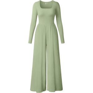 imageOQQ Women Wide Leg Pants Jumpsuits One Piece Long Sleeve Square Neck JumpsuitsPea Green