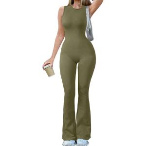imageOQQ Women Yoga Jumpsuits Ribbed Crew Neck Sleeveless Bell Bottoms Flare JumpsuitsSauerkraut