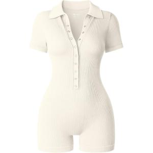 imageOQQ Women Yoga Rompers Ribbed V Neck Stretch Tummy Control Exercise RompersBeige