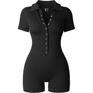 imageOQQ Women Yoga Rompers Ribbed V Neck Stretch Tummy Control Exercise RompersBlack