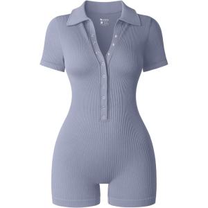 imageOQQ Women Yoga Rompers Ribbed V Neck Stretch Tummy Control Exercise RompersBlues