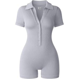 imageOQQ Women Yoga Rompers Ribbed V Neck Stretch Tummy Control Exercise RompersGrey