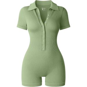 imageOQQ Women Yoga Rompers Ribbed V Neck Stretch Tummy Control Exercise RompersPea Green