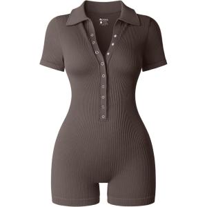imageOQQ Women Yoga Rompers Ribbed V Neck Stretch Tummy Control Exercise RompersTea Leaf