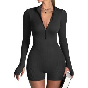 imageOQQ Women Yoga Rompers Workout Ribbed Long Sleeve Zip Front Exercise RompersBlack
