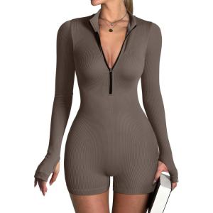 imageOQQ Women Yoga Rompers Workout Ribbed Long Sleeve Zip Front Exercise RompersTea Leaf