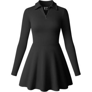 imageOQQ Womens Dress Casual Long Sleeve Elastic Simple ALine Zipper Mini DressBlack