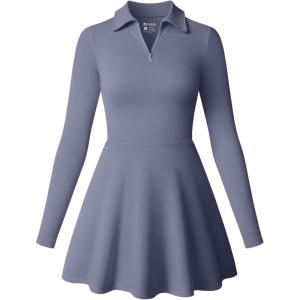 imageOQQ Womens Dress Casual Long Sleeve Elastic Simple ALine Zipper Mini DressGrey Blue