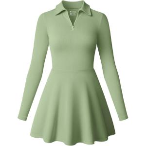 imageOQQ Womens Dress Casual Long Sleeve Elastic Simple ALine Zipper Mini DressPea Green
