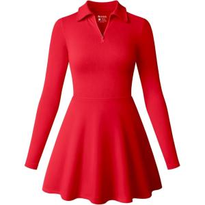 imageOQQ Womens Dress Casual Long Sleeve Elastic Simple ALine Zipper Mini DressRed
