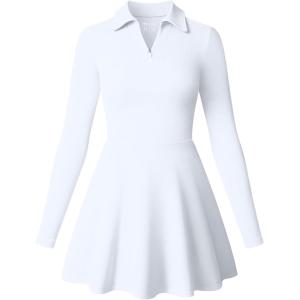 imageOQQ Womens Dress Casual Long Sleeve Elastic Simple ALine Zipper Mini DressWhite