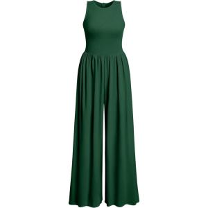 imageOQQ Womens Jumpsuits Dressy Crew Neck Sleeveless One Piece Outfits Casual Wide Leg Pants Jumpsuits Darkgreen