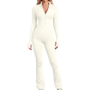 imageOQQ Womens Yoga Jumpsuits Ribbed Long Sleeve Zip Front Sport Bell Bottoms Flare JumpsuitsBeige