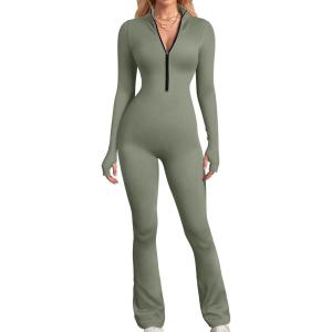 imageOQQ Womens Yoga Jumpsuits Ribbed Long Sleeve Zip Front Sport Bell Bottoms Flare JumpsuitsGreygreen
