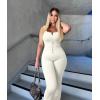 imageOQQ Jumpsuits For Women Ribbed Square Neck Sleeveless Sexy Stretch Flare JumpsuitsBeige