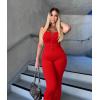 imageOQQ Jumpsuits For Women Ribbed Square Neck Sleeveless Sexy Stretch Flare JumpsuitsRed