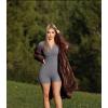 imageOQQ Women Rompers Ribbed Short Sleeve Zip Front Stretch Tummy Control Yoga Workout RompersSmoke Grey