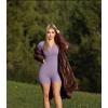 imageOQQ Women Rompers Ribbed Short Sleeve Zip Front Stretch Tummy Control Yoga Workout RompersTaro Purple