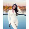 imageOQQ Women Yoga Jumpsuits Workout Ribbed Long Sleeve Zip Front Sport JumpsuitsBeige