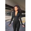 imageOQQ Women Yoga Jumpsuits Workout Ribbed Long Sleeve Zip Front Sport JumpsuitsBlack