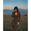 imageOQQ Women Yoga Jumpsuits Workout Ribbed Long Sleeve Zip Front Sport JumpsuitsDarkbrown