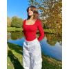 imageOQQ Womens 2 Piece Bodysuits Long Sleeve Square Neck Ruched Stretch Fitted BodysuitsBlack red