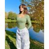 imageOQQ Womens 2 Piece Bodysuits Long Sleeve Square Neck Ruched Stretch Fitted BodysuitsPea Green beige