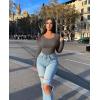 imageOQQ Womens 2 Piece Bodysuits Sexy Ribbed One Piece Long Sleeve Crew Neck Tops BodysuitsBlack tea Leaf