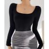 imageOQQ Womens 2 Piece Bodysuits Sexy Ribbed One Piece Square Neck Long Sleeve TopsBlack Beige
