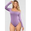 imageOQQ Womens 2 Piece Bodysuits Sexy Ribbed One Piece Square Neck Long Sleeve TopsBlack Taro Purple