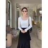 imageOQQ Womens 2 Piece Bodysuits Sexy Ribbed One Piece Square Neck Long Sleeve TopsBlack White