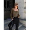imageOQQ Womens 2 Piece Bodysuits Sexy Ribbed One Piece Square Neck Long Sleeve TopsCoffee Beige