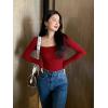 imageOQQ Womens 2 Piece Bodysuits Sexy Ribbed One Piece Square Neck Long Sleeve TopsRed Tea Leaf