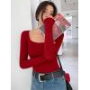 imageOQQ Womens 2 Piece Bodysuits Sexy Ribbed One Piece Square Neck Long Sleeve TopsRed Tea Leaf