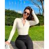 imageOQQ Womens 2 Piece Bodysuits Sexy Ribbed One Piece Zip Front Long Sleeve Tops BodysuitsBlack beige
