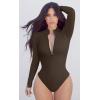 imageOQQ Womens 2 Piece Bodysuits Sexy Ribbed One Piece Zip Front Long Sleeve Tops BodysuitsBlack darkbrown