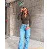imageOQQ Womens 2 Piece Bodysuits Sexy Ribbed One Piece Zip Front Long Sleeve Tops BodysuitsBlack darkbrown