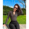 imageOQQ Womens 2 Piece Bodysuits Sexy Ribbed One Piece Zip Front Long Sleeve Tops BodysuitsBlack tea Leaf