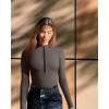 imageOQQ Womens 2 Piece Bodysuits Sexy Ribbed One Piece Zip Front Long Sleeve Tops BodysuitsBlack tea Leaf