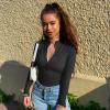 imageOQQ Womens 2 Piece Bodysuits Sexy Ribbed One Piece Zip Front Long Sleeve Tops BodysuitsBlack tea Leaf