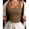 imageOQQ Womens 3 Piece Bodysuits Sexy Ribbed Sleeveless Square Neck Tank Tops Leotard 2025 Trendy OutfitsBlack coffee beige